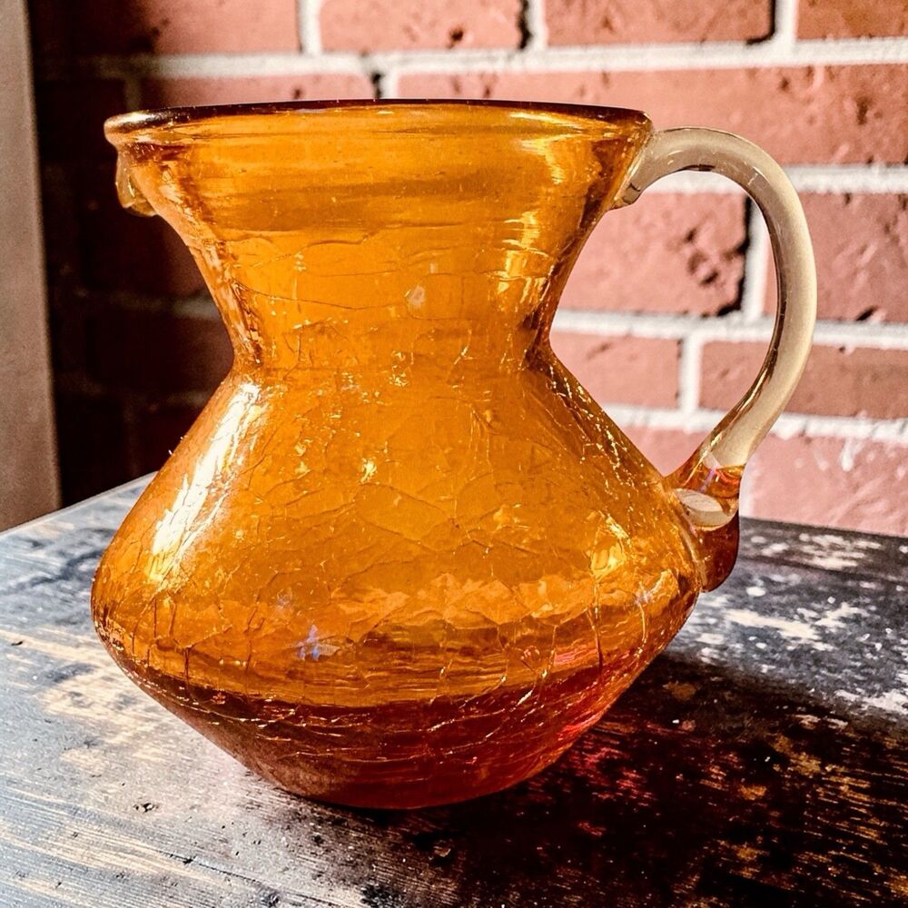 Pilgrim Hand Blown Amber Crackle Glass Miniature Pitcher Creamer 3.5” VTG